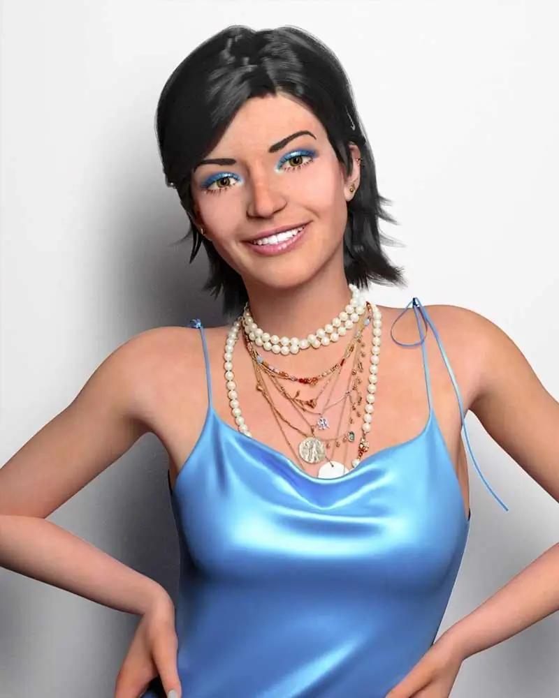 Lu do Magalu digital influencer portrait in a blue satin top