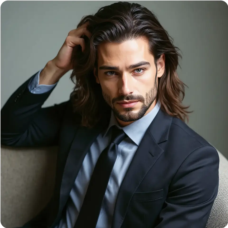 "Change clothes to a dark blue business suit."