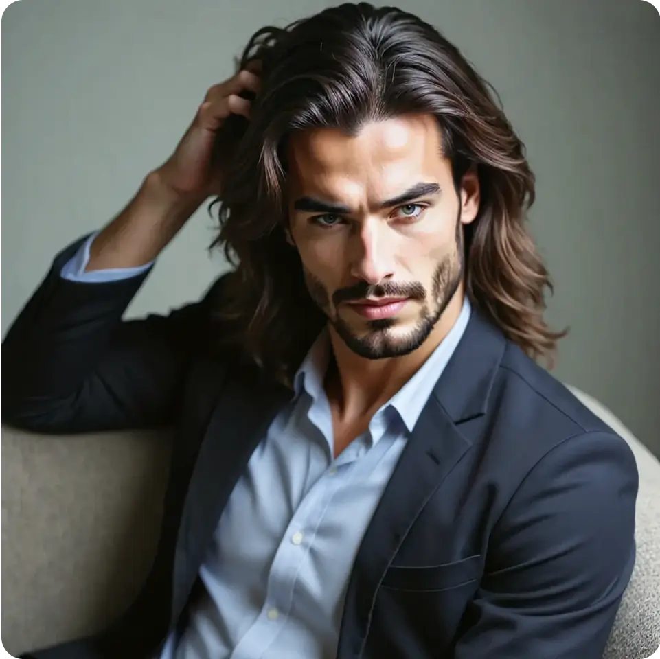 "Change clothes to a dark blue business suit. Maintain the person's identity while changing only the clothing"