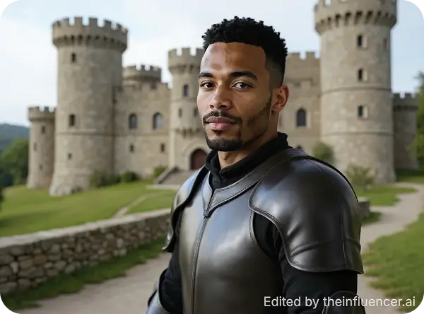 "Change clothes to a black medieval armour."
