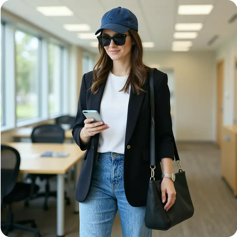 Put the woman in the blue cap in an office setting