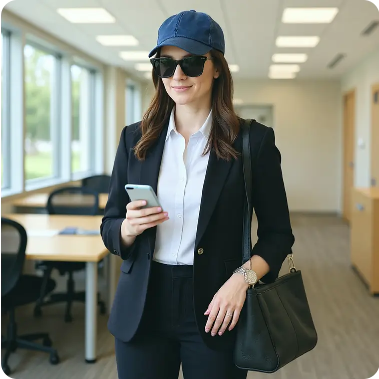 Make the woman in a blue cap wear a business suit