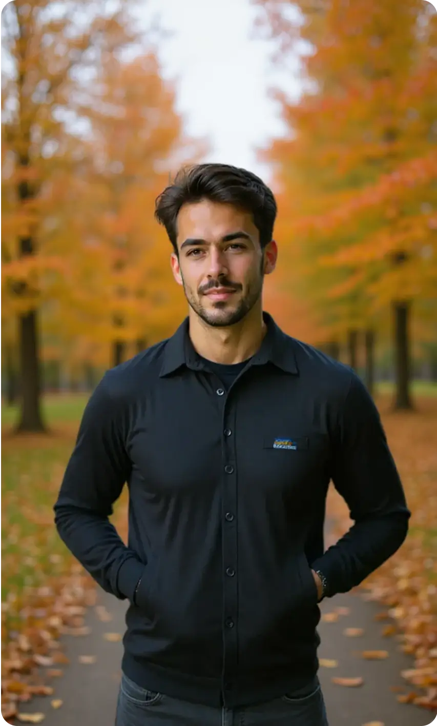 Change the background to autumn scene with orange and red leaves falling, bare tree branches