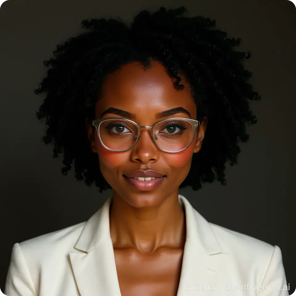 "Add reading glasses with silver frame to the woman."