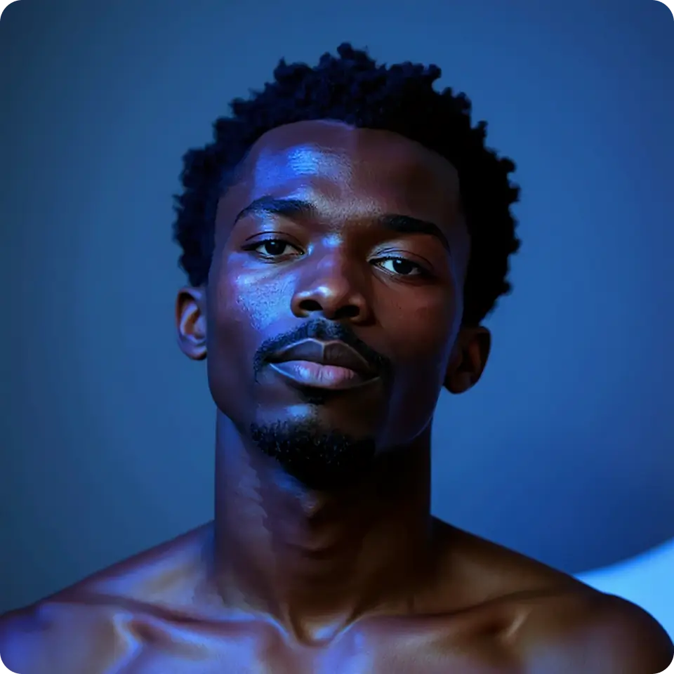 A soft blue light projected across the man's face and neck. The light beam emphasizes the contours of the features