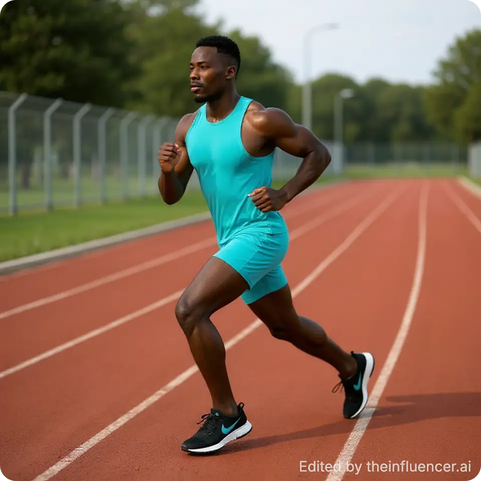 "Replace the background with a running track while keeping the person in the exact same position and scale"