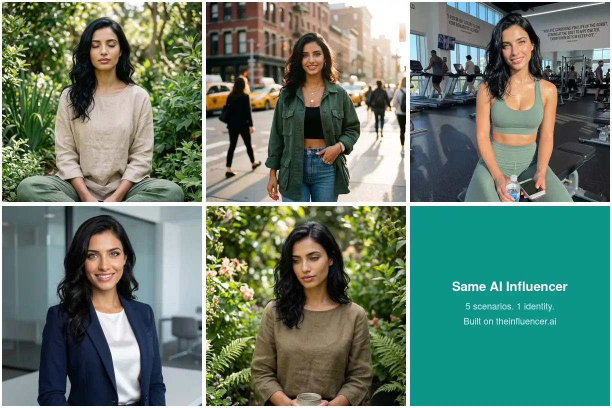 The same AI influencer shown across five different scenarios including meditation, street style, fitness, corporate, and lifestyle imagery