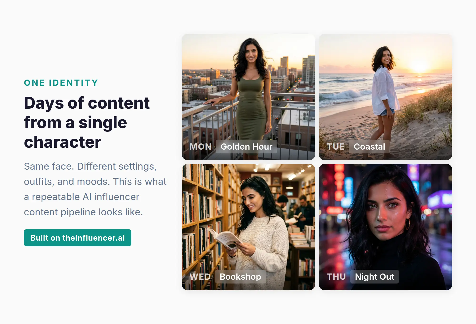 Four photos of the same AI influencer in different settings — rooftop at sunset, beach at sunrise, bookshop, and city at night — showing a content pipeline built from one character