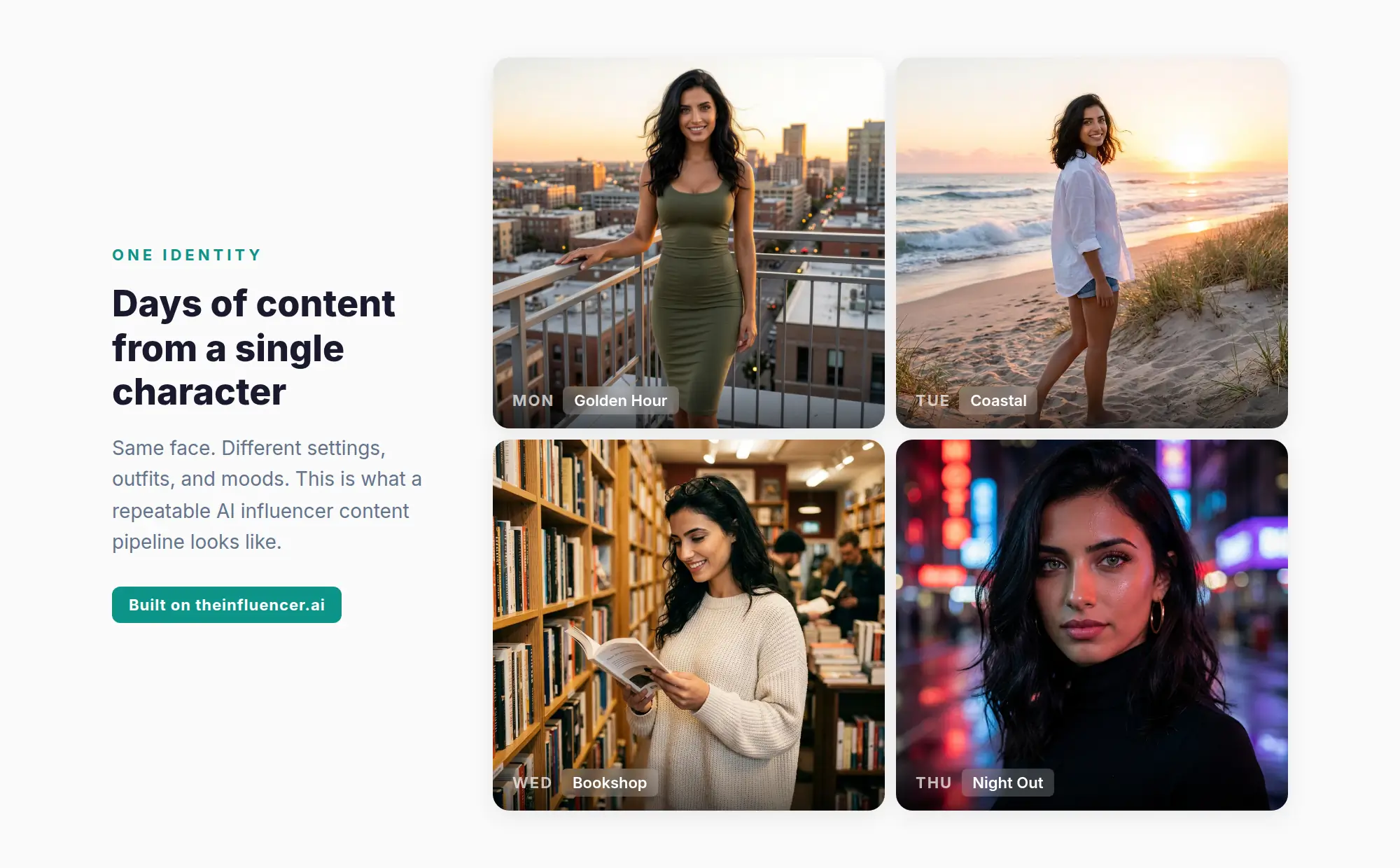 Four photos of the same AI influencer in different settings — rooftop at sunset, beach at sunrise, bookshop, and city at night — showing a content pipeline built from one character