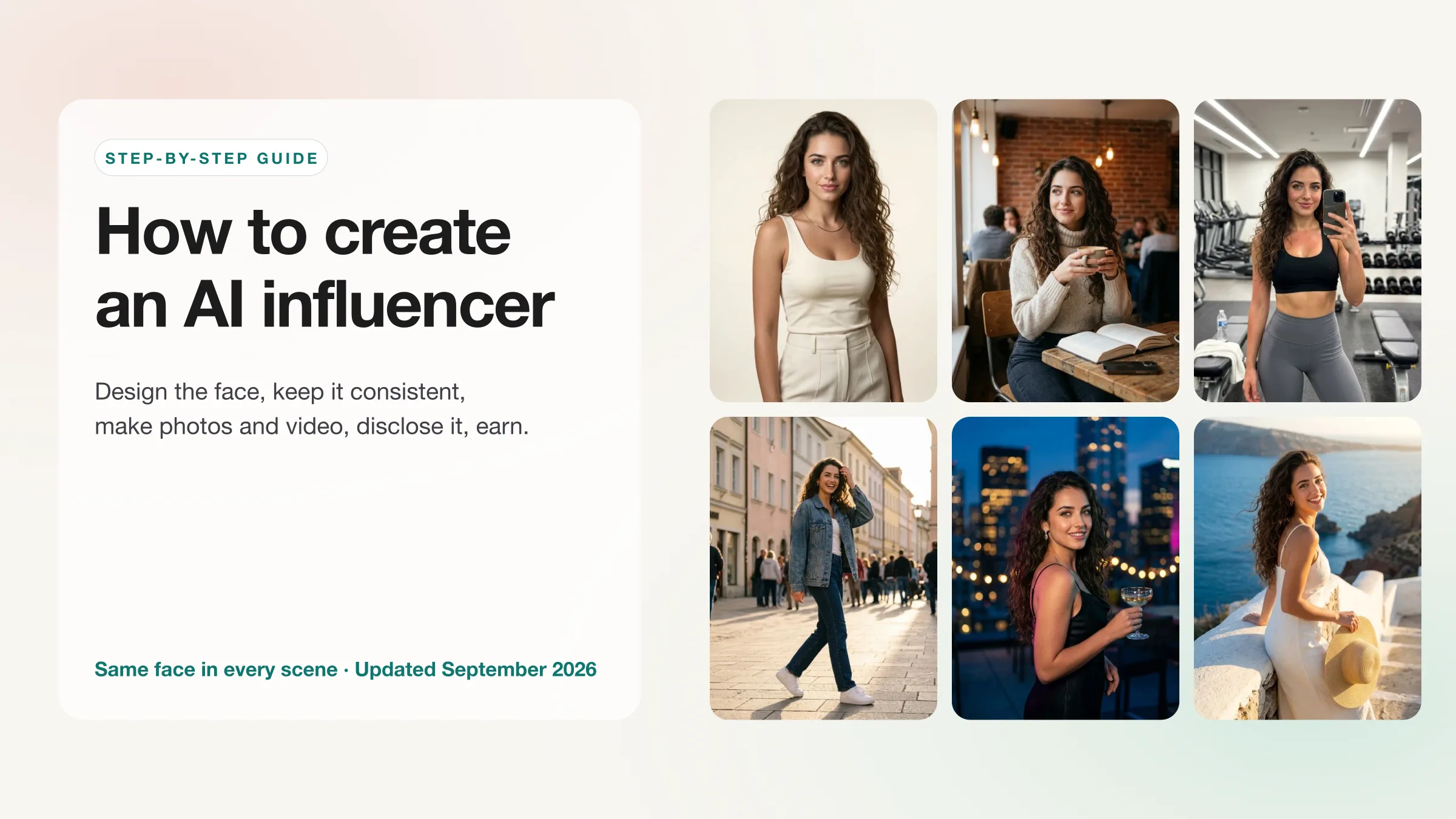 How to create an AI influencer: the guide title next to six photos of one AI influencer, Mia, with the same face in a studio, a cafe, a gym, a street, a night out and a coastal trip