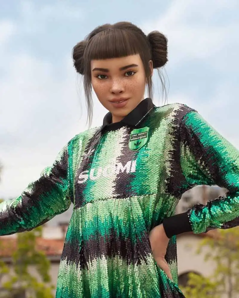 Lil Miquela virtual influencer portrait in a green sequined outfit