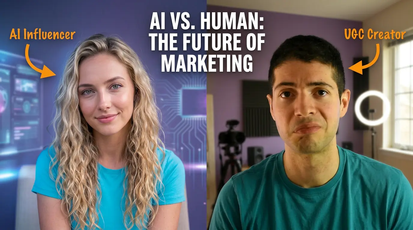 Split-screen comparison: AI-generated influencer in a lifestyle pose on the left, real UGC creator filming with a phone on the right