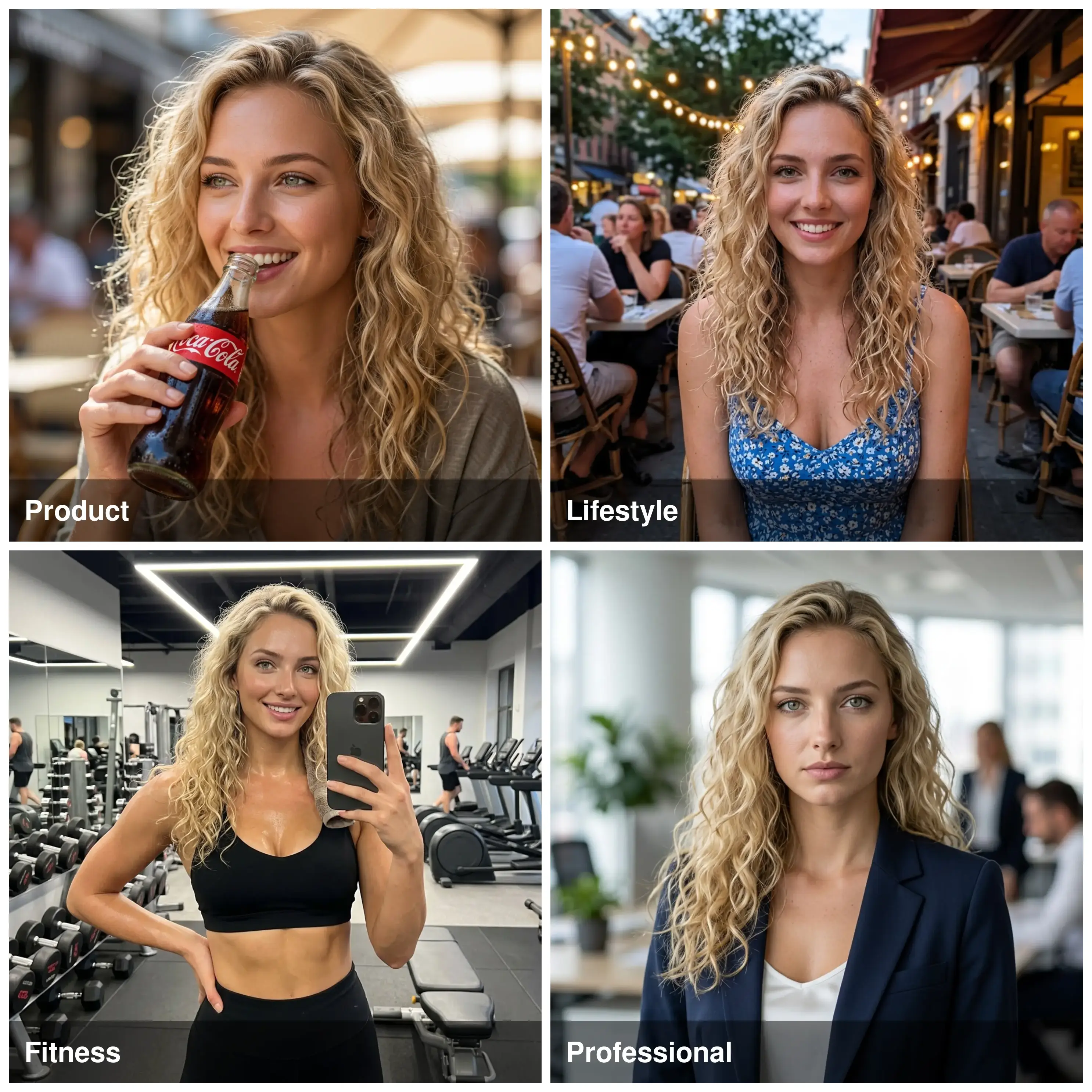 Mari shown across four types of commercial content: product, lifestyle, fitness, and professional brand imagery