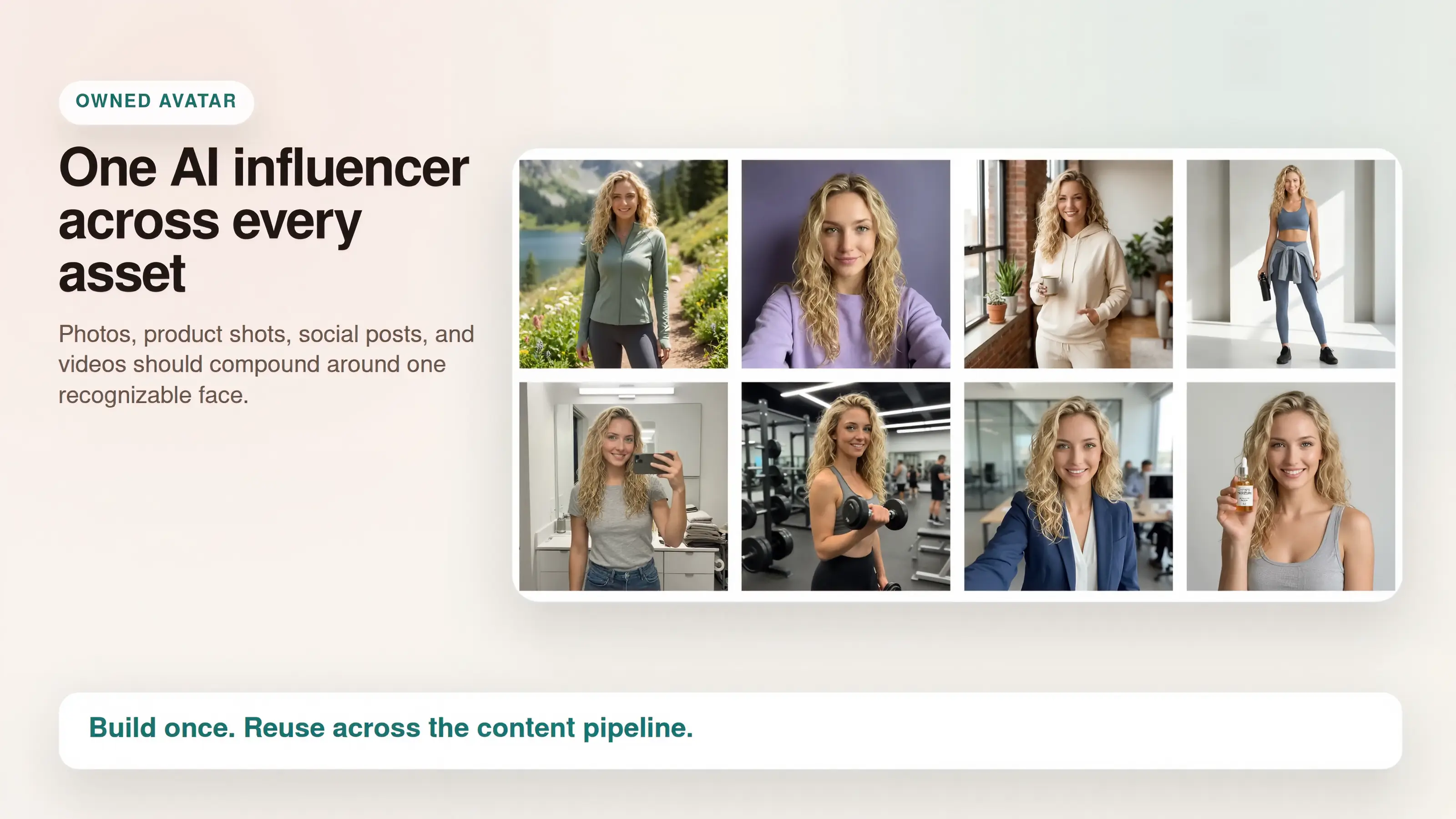 Grid of eight photos of the same AI influencer generated with The Influencer AI - hiking, selfie, office, gym, and product shots - with the identical face in every image