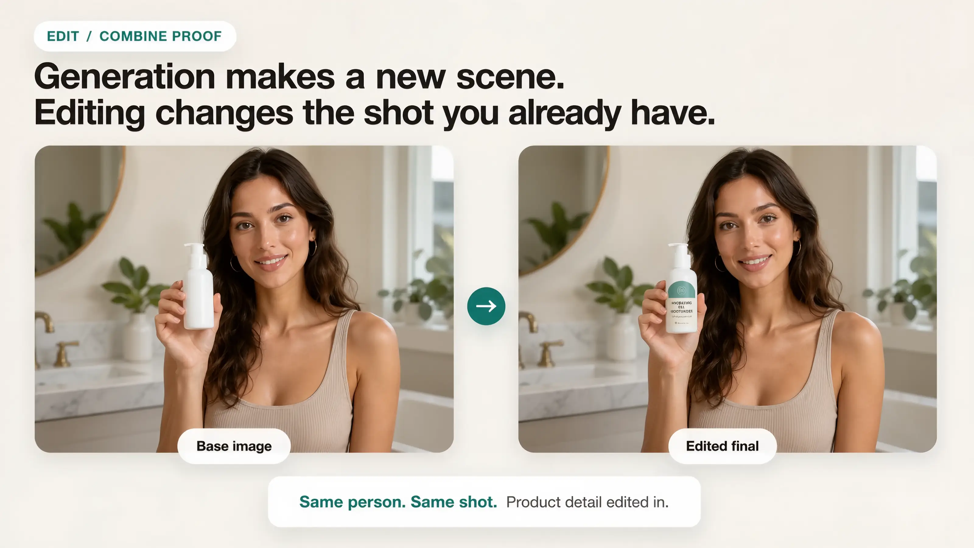 Before and after edit made with The Influencer AI: the same AI influencer in the same bathroom shot, with the real product label edited into the bottle she is holding