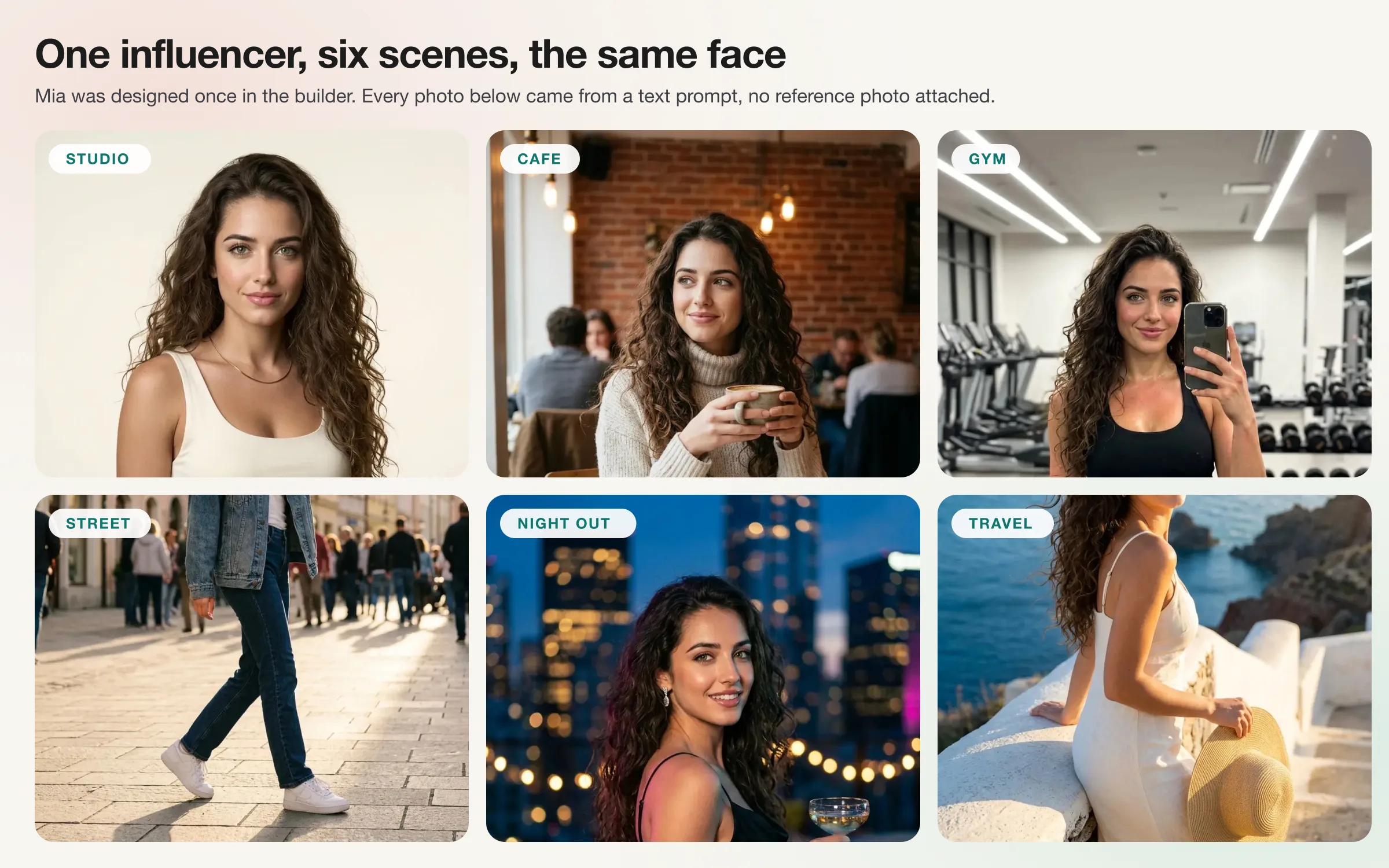 One AI influencer, Mia, with the same face in six generated photos labeled studio, cafe, gym, street, night out and travel