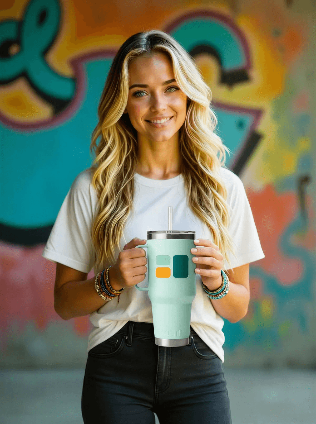 Woman holding branded mug added with Combine Images AI - product looks artificial