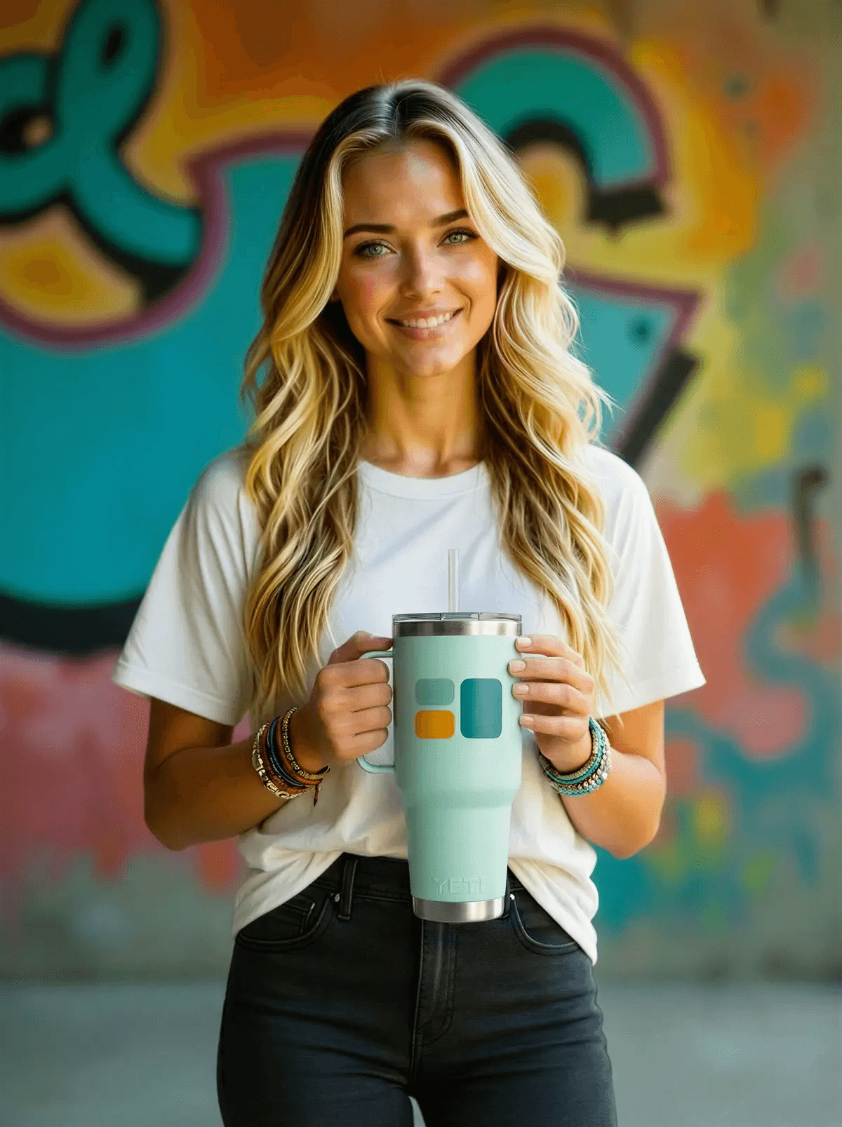 Same woman with mug after photo edit - realistic product lighting and textures