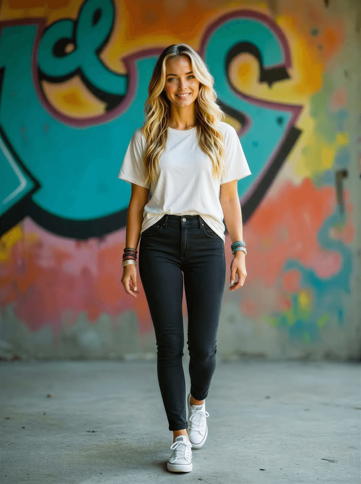 Full-body shot edited from base photo - same woman walking, consistent look for AI video