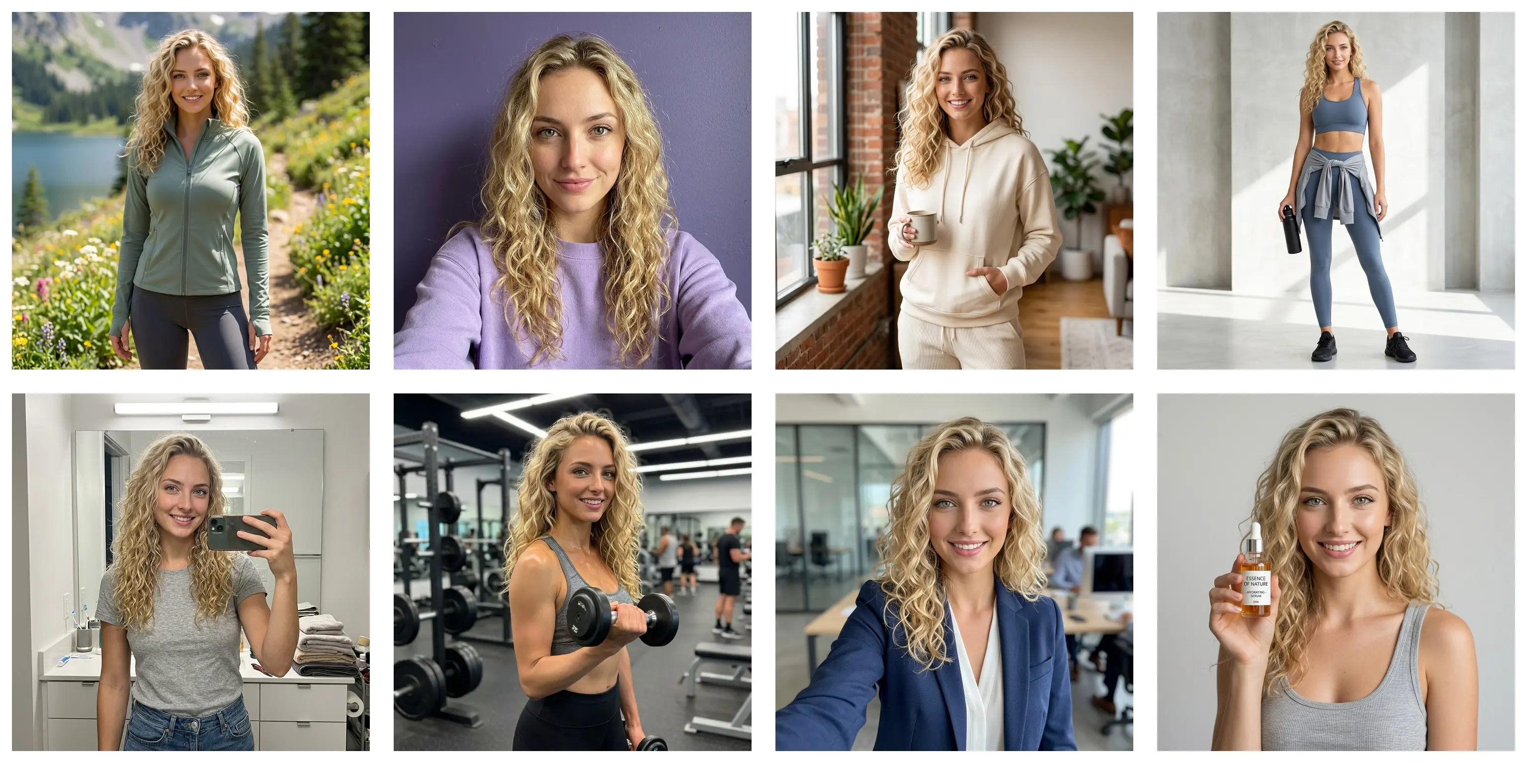 Grid of eight AI-generated photos of Mari, the same virtual influencer, in different outfits and settings, demonstrating volume and consistency
