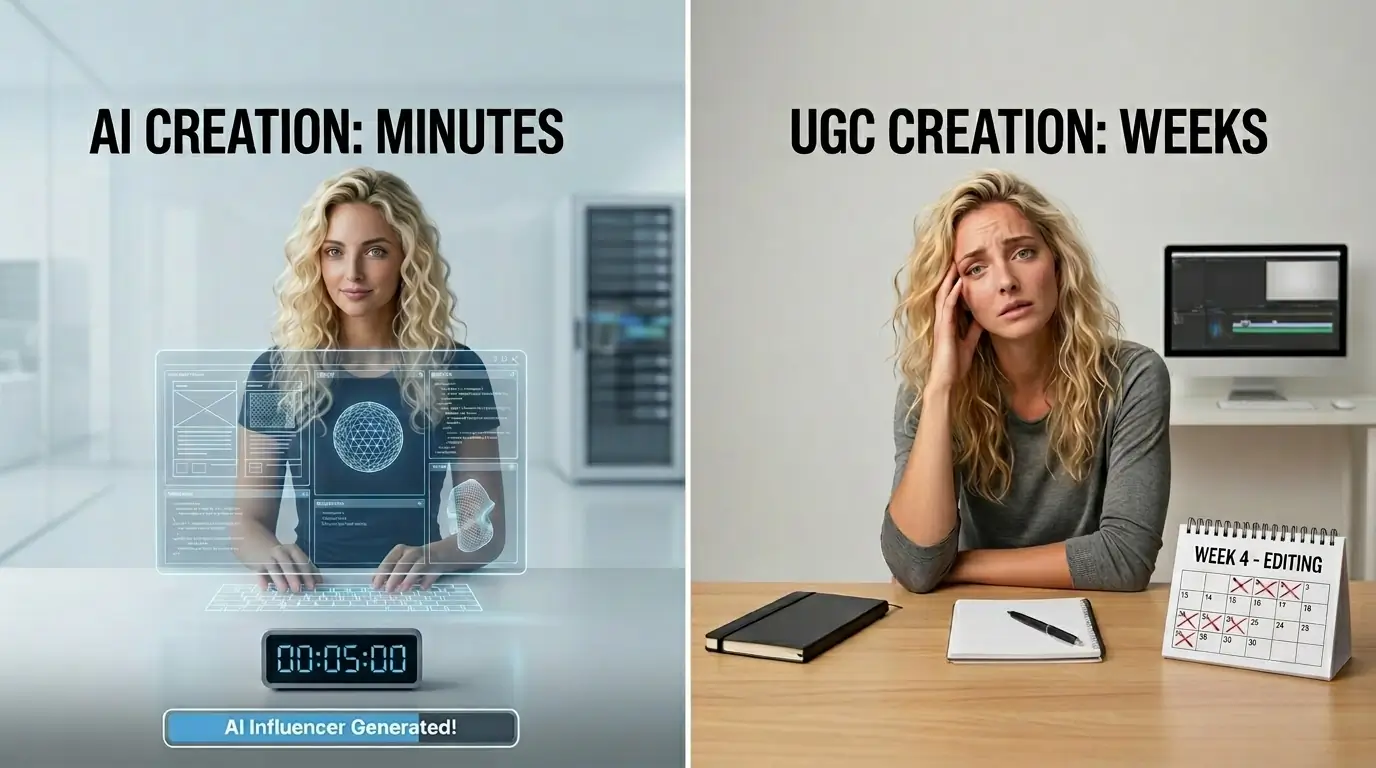 Side-by-side visual comparison of an AI influencer workflow and a UGC creator workflow