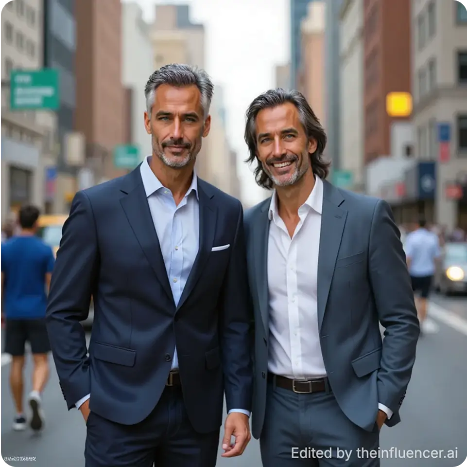 "Change the clothes of the man in jeans and green t-shirt to a business suit"