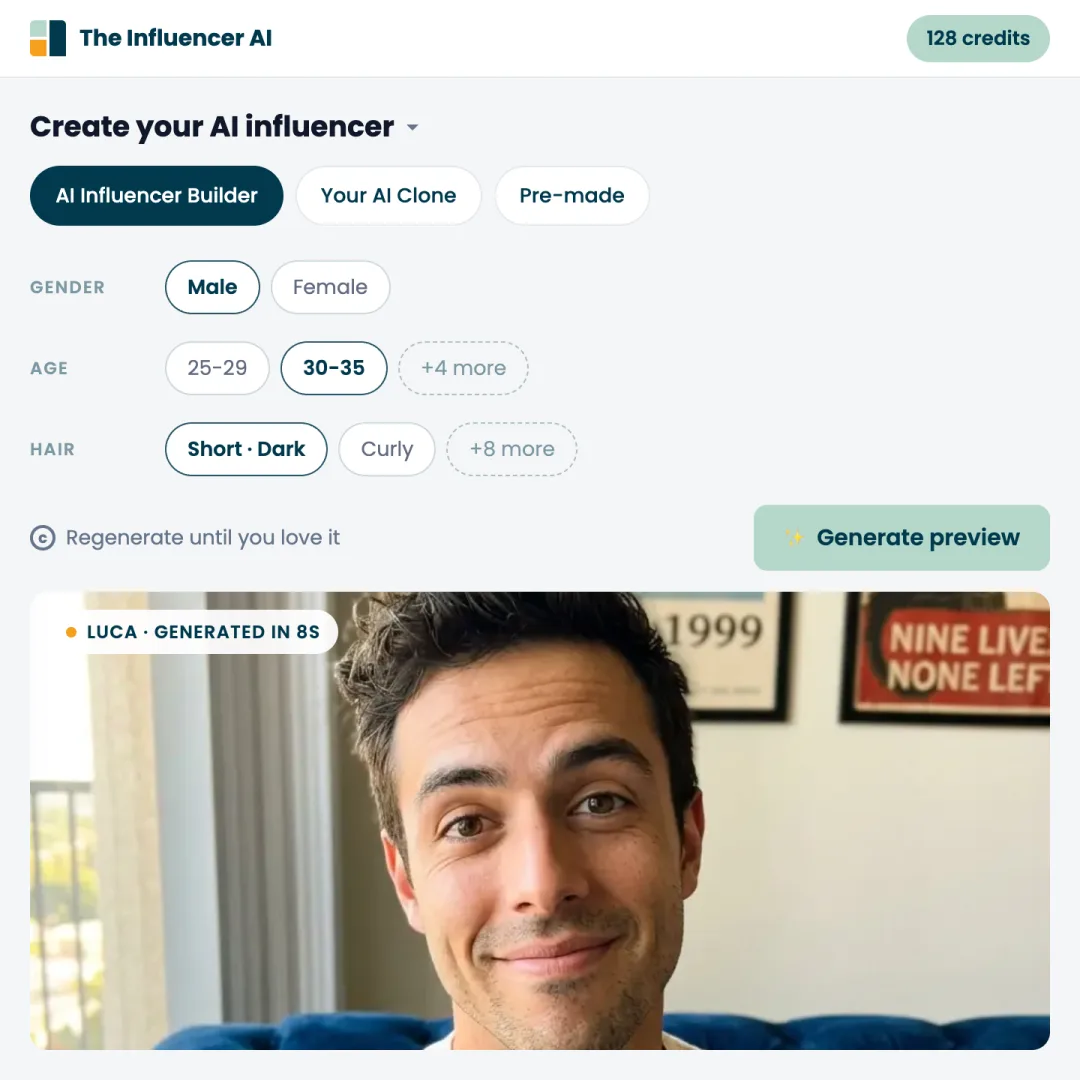 The Influencer AI creator setup screen, designing an AI creator's face and look trait by trait
