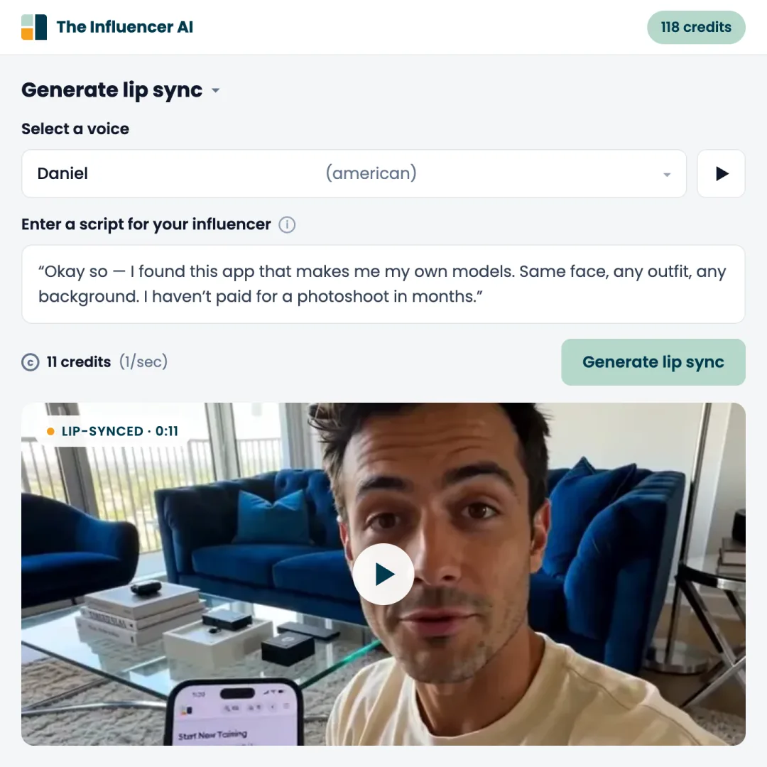 The lip sync form — voice selection and the script the AI creator will speak