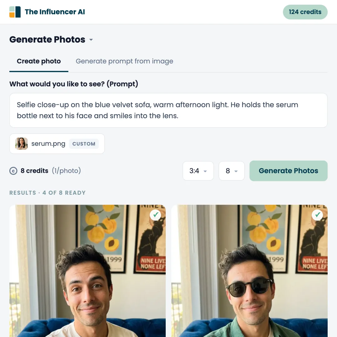 The Generate Photos form — scene prompt, attached product element, aspect ratio, and batch size
