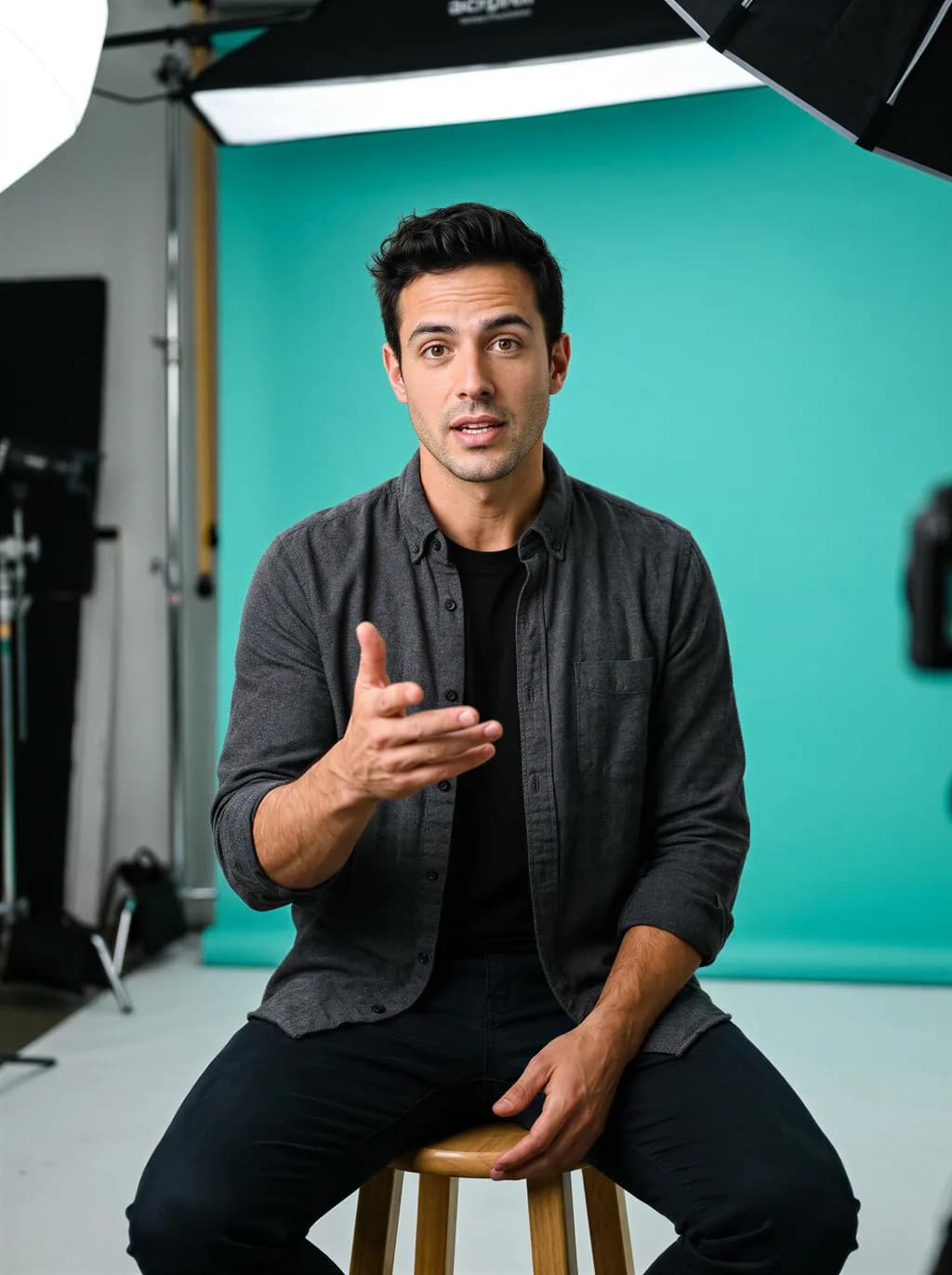 AI brand spokesperson talking to camera in a studio with a teal backdrop