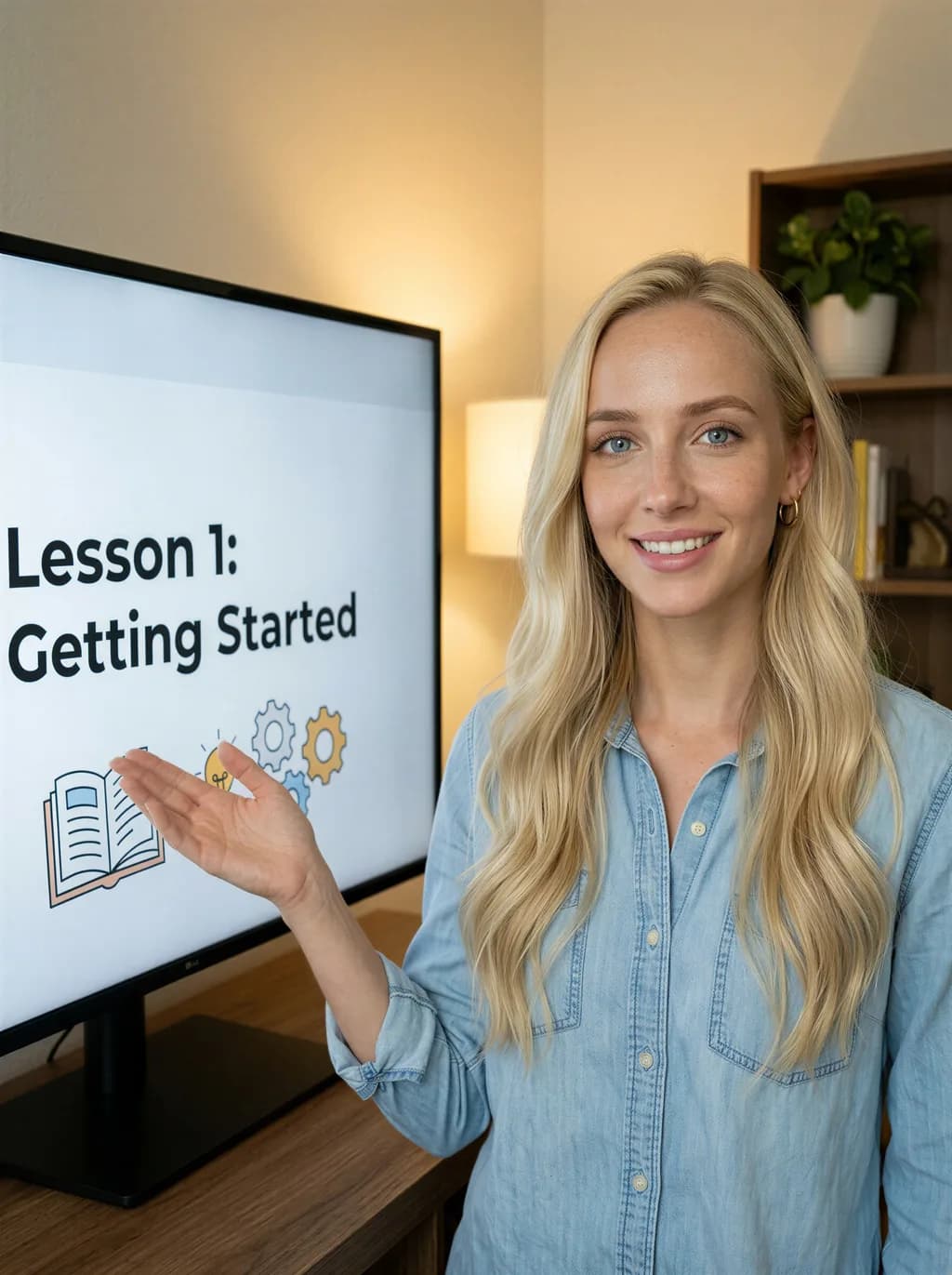 AI educator influencer presenting a course lesson next to an on-screen slide