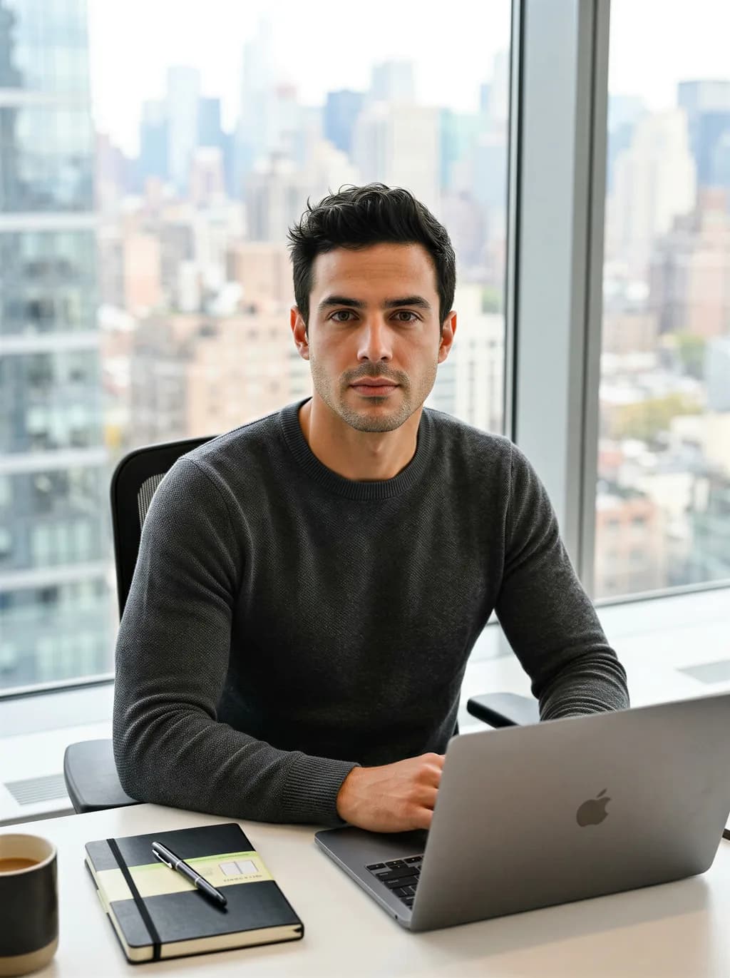 AI finance and business creator working on a laptop in a high-rise office