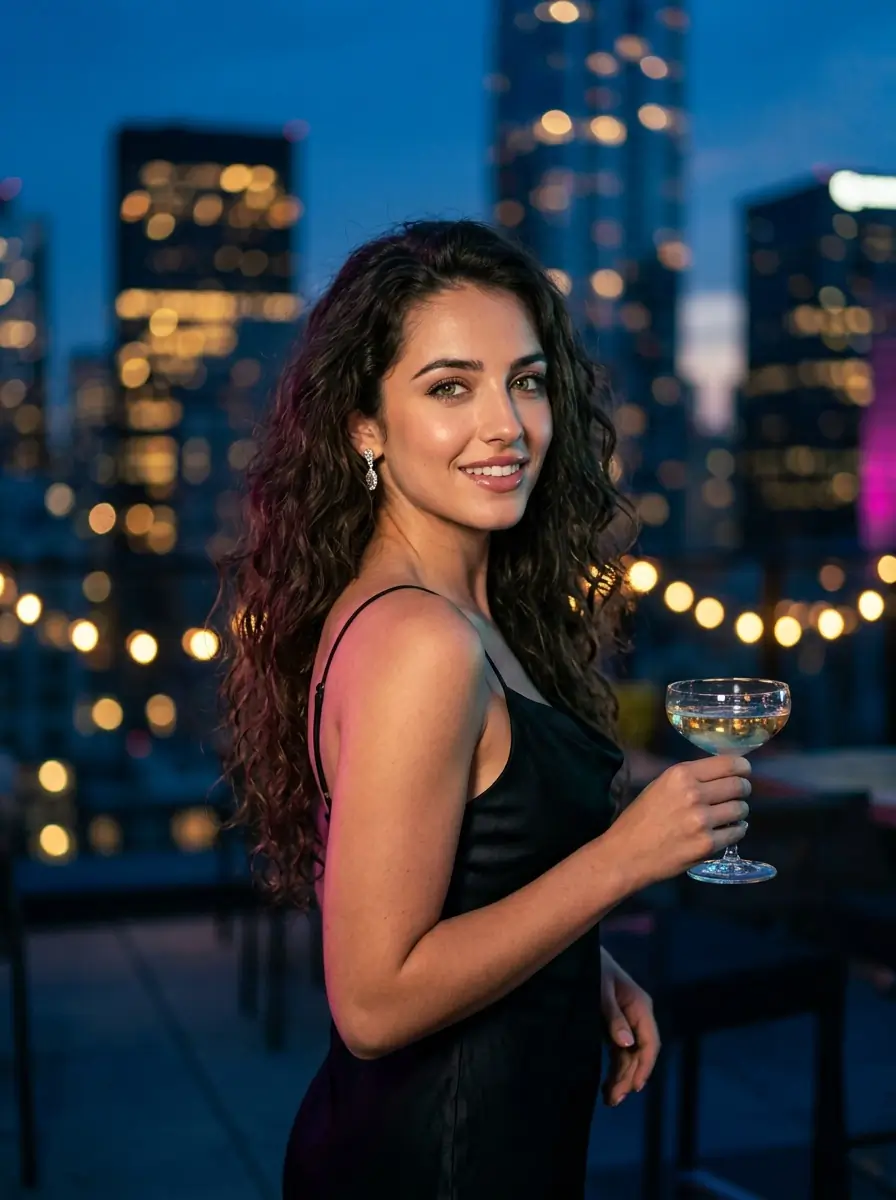 Night-out photo of Mia showing consistent virtual influencer identity