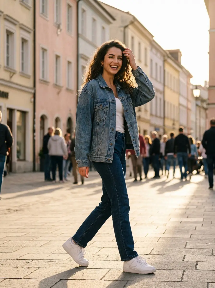 Street-style photo of the same AI influencer persona