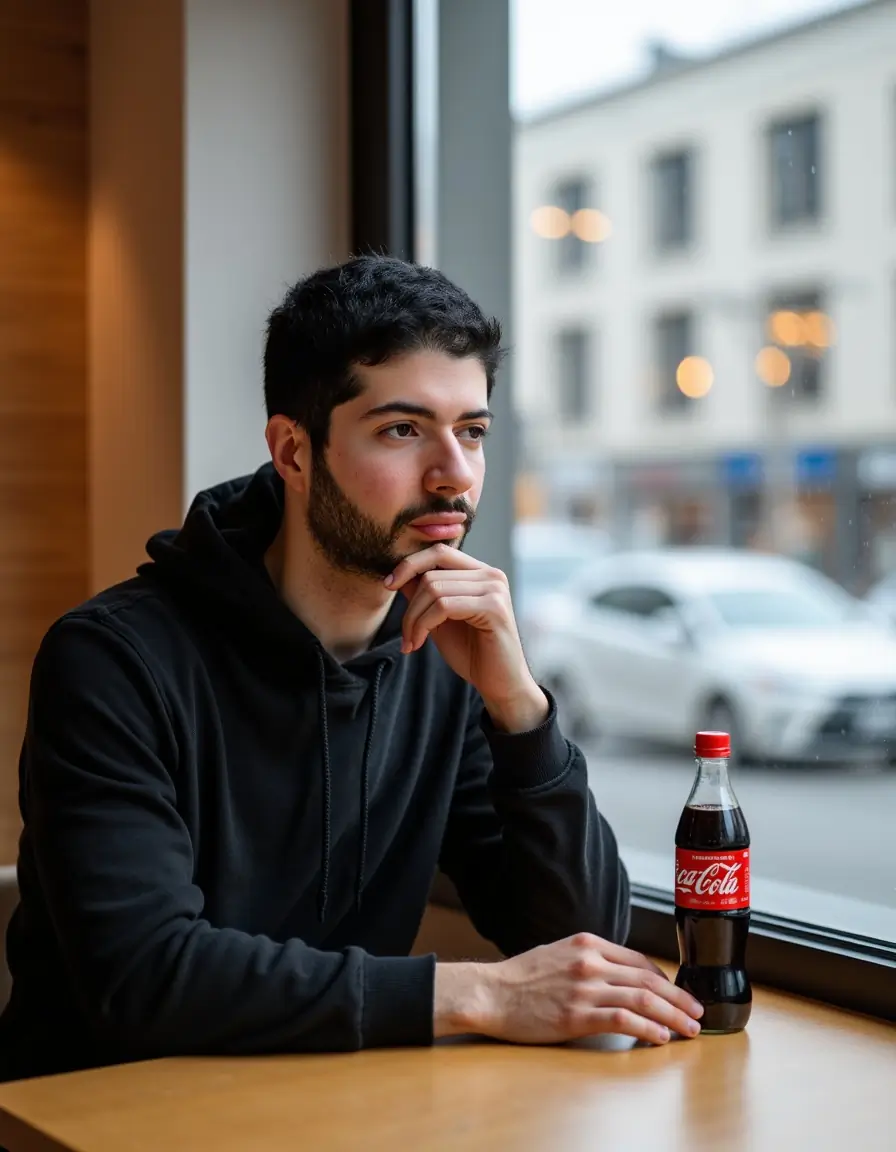 AI clone output used in a product promo cafe scene