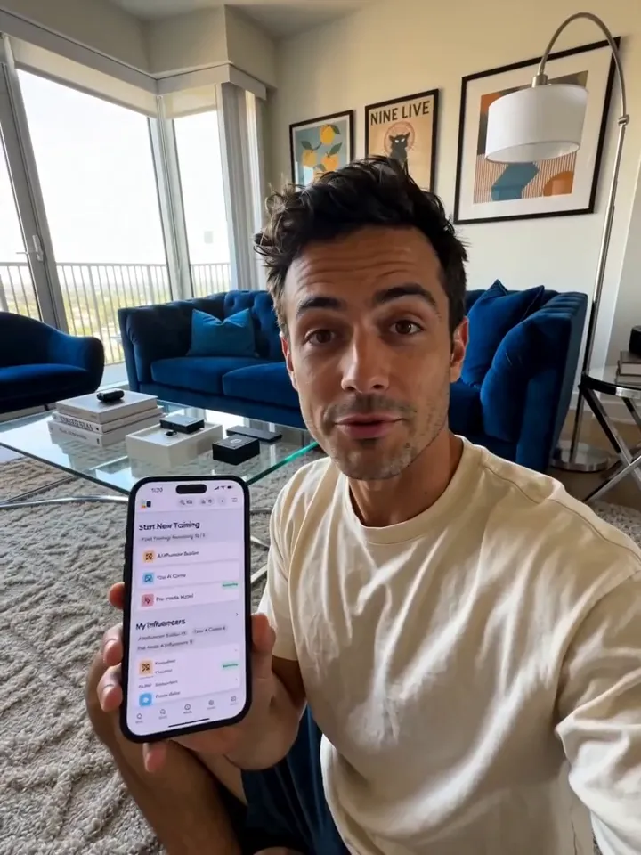 AI UGC video ad example — an AI creator talking to camera about the app, phone in hand