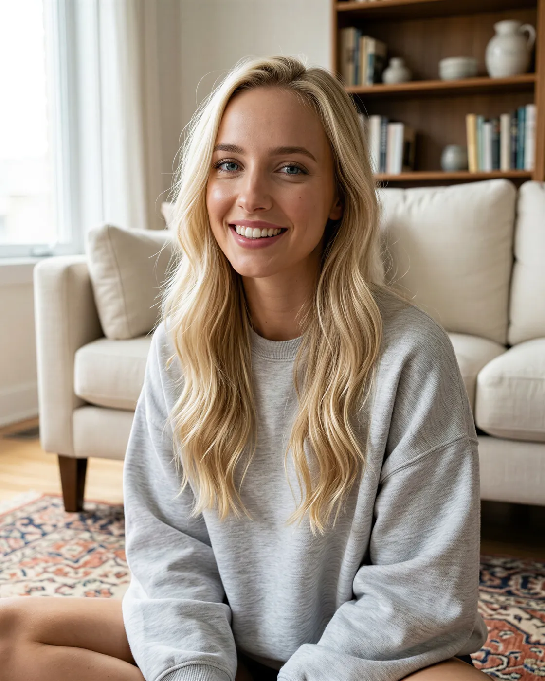 AI influencer at home — cozy living room smile