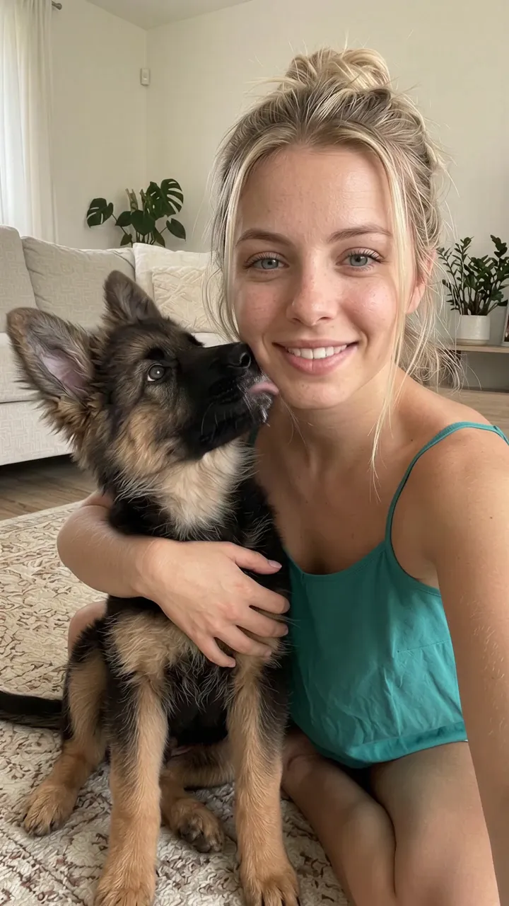 AI influencer at home hugging her puppy